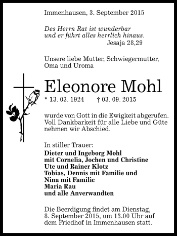 Anzeige von Eleonore Mohl von Reutlinger Generalanzeiger