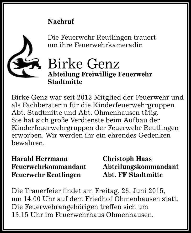  Traueranzeige für Birke Genz vom 25.06.2015 aus Reutlinger Generalanzeiger