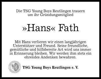 Anzeige von Hans Fath von Reutlinger Generalanzeiger