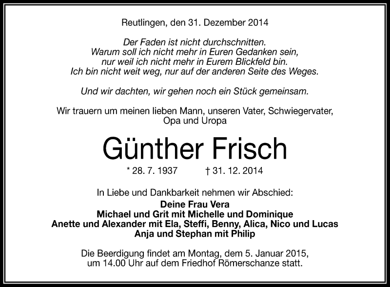  Traueranzeige für Günther Frisch vom 03.01.2015 aus Reutlinger Generalanzeiger