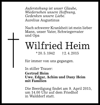 Anzeige von Wilfried Heim von Reutlinger Generalanzeiger