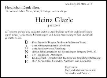 Anzeige von Heinz Glazle von Reutlinger Generalanzeiger