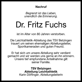 Anzeige von Fritz Fuchs von Reutlinger Generalanzeiger