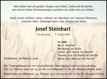 Anzeige von Josef Steinhart von Reutlinger Generalanzeiger