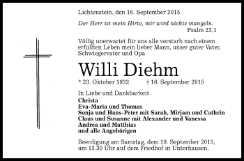 Anzeige von Willi Diehm von Reutlinger Generalanzeiger