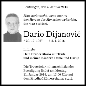 Anzeige von Dario Dijanovic von Reutlinger Generalanzeiger