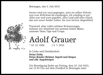 Anzeige von Adolf Grauer von Reutlinger Generalanzeiger