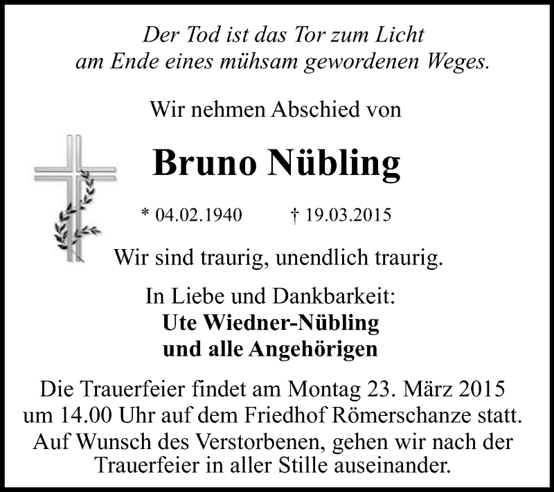  Traueranzeige für Bruno Nübling vom 21.03.2015 aus Reutlinger Generalanzeiger
