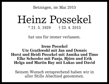 Anzeige von Heinz Possekel von Reutlinger Generalanzeiger