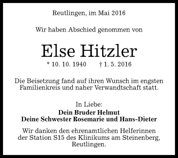 Anzeige von Else Hitzler von Reutlinger Generalanzeiger