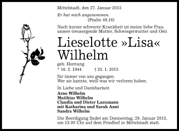 Anzeige von Lieselotte Wilhelm von Reutlinger Generalanzeiger