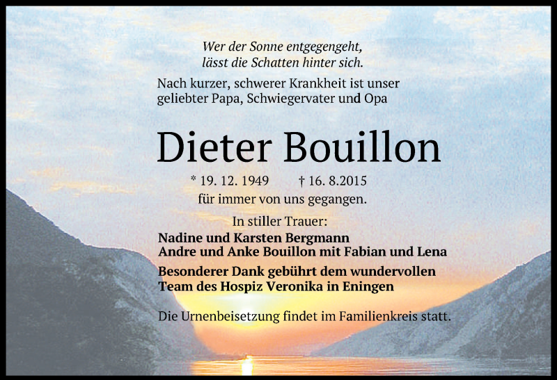  Traueranzeige für Dieter Bouillon vom 19.08.2015 aus Reutlinger Generalanzeiger