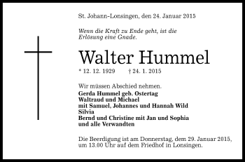 Anzeige von Walter Hummel von Reutlinger Generalanzeiger