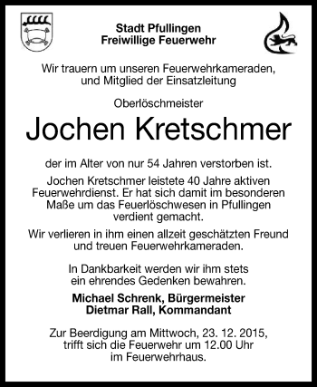 Anzeige von Jochen Kretschmer von Reutlinger Generalanzeiger