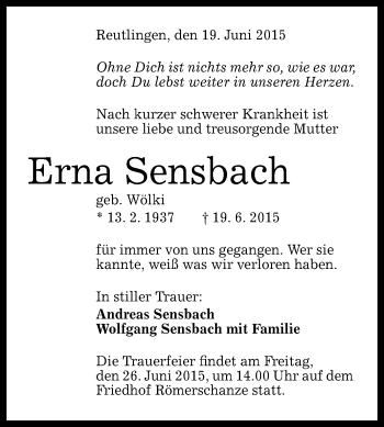 Anzeige von Erna Sensbach von Reutlinger Generalanzeiger