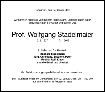 Anzeige von Wolfgang Stadelmaier von Reutlinger Generalanzeiger