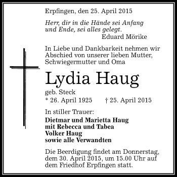 Anzeige von Lydia Haug von Reutlinger Generalanzeiger