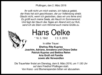 Anzeige von Hans Oelke von Reutlinger Generalanzeiger