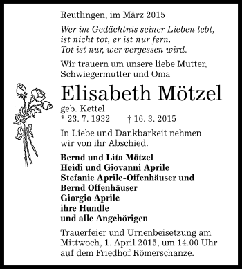 Anzeige von Elisabeth Mötzel von Reutlinger Generalanzeiger