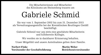 Anzeige von Gabriele Schmid von Reutlinger Generalanzeiger