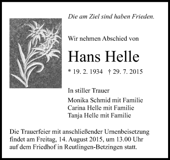 Anzeige von Hans Helle von Reutlinger Generalanzeiger