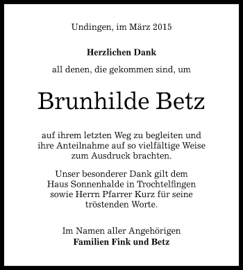 Anzeige von Brunhilde Betz von Reutlinger Generalanzeiger