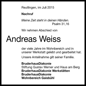 Anzeige von Andreas Weiss von Reutlinger Generalanzeiger