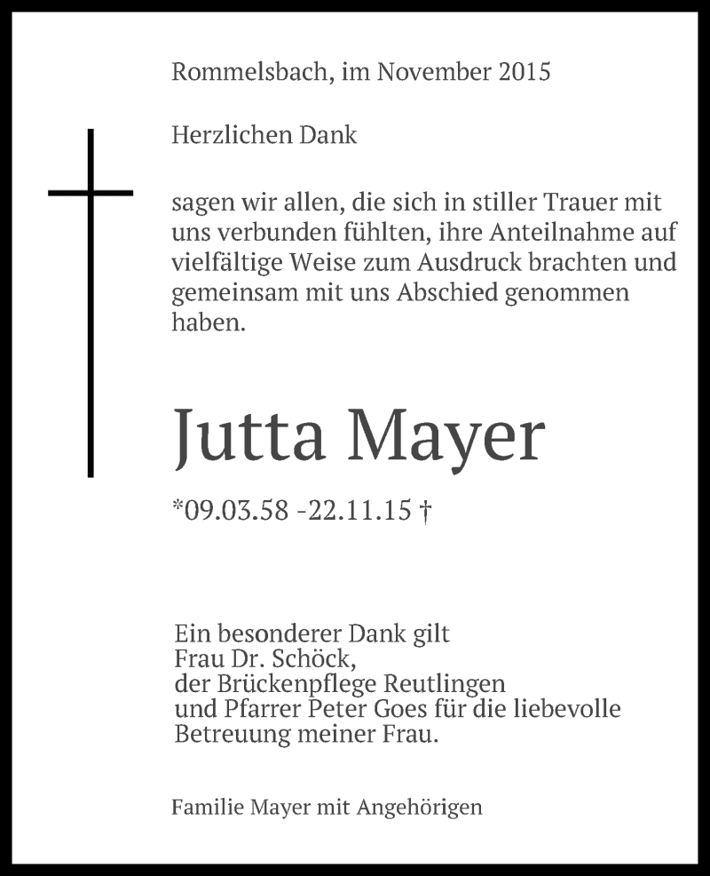  Traueranzeige für Jutta Mayer vom 08.12.2015 aus Reutlinger Generalanzeiger