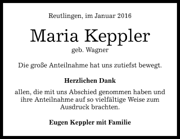 Anzeige von Maria Keppler von Reutlinger Generalanzeiger