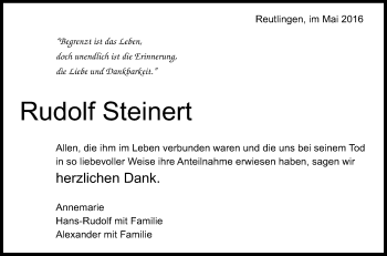 Anzeige von Rudolf Steinert von Reutlinger Generalanzeiger