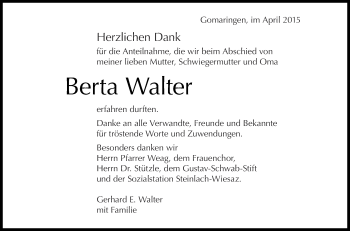 Anzeige von Berta Walter von Reutlinger Generalanzeiger