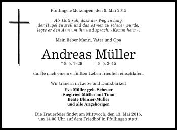 Anzeige von Andreas Müller von Reutlinger Generalanzeiger