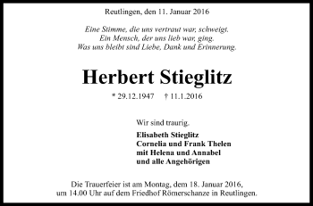 Anzeige von Herbert Stieglitz von Reutlinger Generalanzeiger