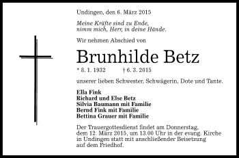 Anzeige von Brunhilde Betz von Reutlinger Generalanzeiger