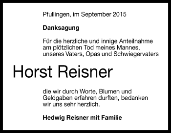 Anzeige von Horst Reisner von Reutlinger Generalanzeiger