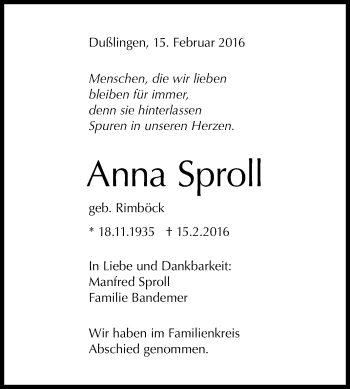 Anzeige von Anna Sproll von Reutlinger Generalanzeiger