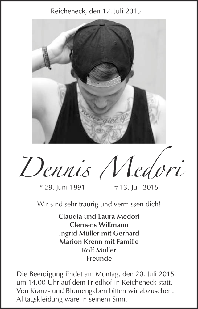  Traueranzeige für Dennis Medori vom 17.07.2015 aus Reutlinger Generalanzeiger