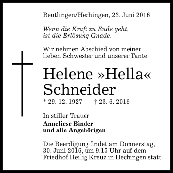 Anzeige von Helene Schneider von Reutlinger Generalanzeiger