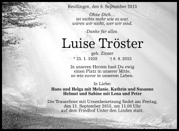 Anzeige von Luise Tröster von Reutlinger Generalanzeiger