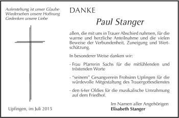 Anzeige von Paul Stanger von Reutlinger Generalanzeiger