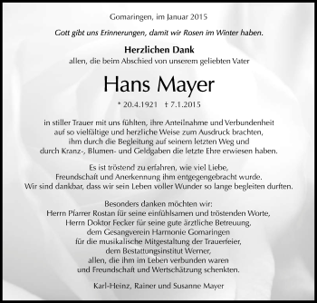Anzeige von Hans Mayer von Reutlinger Generalanzeiger