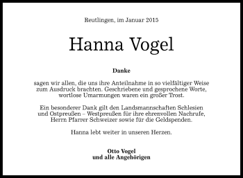 Anzeige von Hanna Vogel von Reutlinger Generalanzeiger