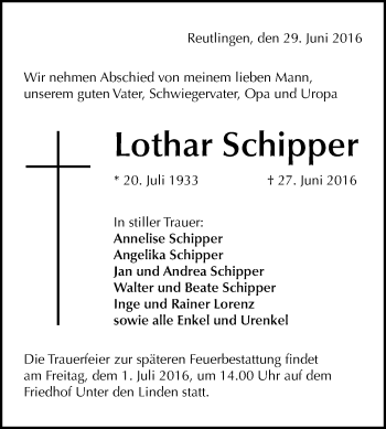 Anzeige von Lothar Schipper von Reutlinger Generalanzeiger