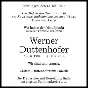 Anzeige von Werner Duttenhofer von Reutlinger Generalanzeiger