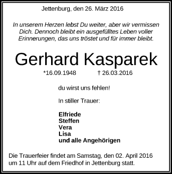 Anzeige von Gerhard Kasparek von Reutlinger Generalanzeiger