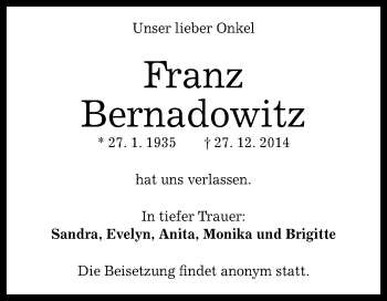 Anzeige von Franz Bernadowitz von Reutlinger Generalanzeiger