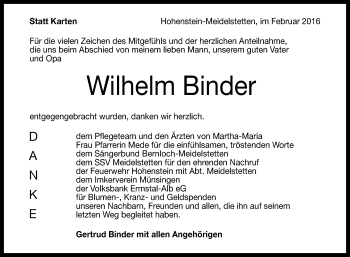 Anzeige von Wilhelm Binder von Reutlinger Generalanzeiger