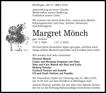 Anzeige von Margret Mönch von Reutlinger Generalanzeiger