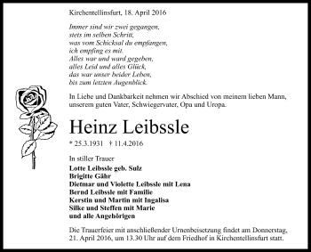 Anzeige von Heinz Leibssle von Reutlinger Generalanzeiger