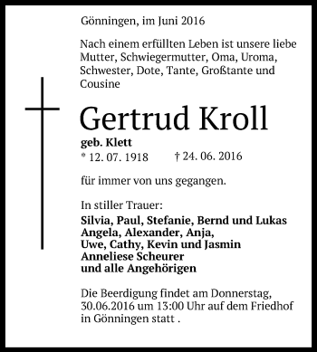 Anzeige von Gertrud Kroll von Reutlinger Generalanzeiger